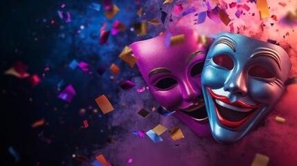 Vibrant theater masks with colorful confetti for lively comedy show promotion.