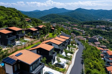 Fototapeta premium Rural housing cooperative with a few small homes and shared amenities, symbolizing community and affordability