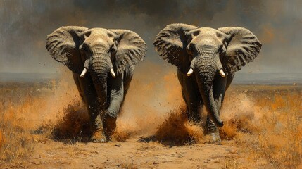 Fototapeta premium African elephants walking together through a dust-filled savannah under the blazing midday sun, with their tusks catching the light; subtle heat haze in the background