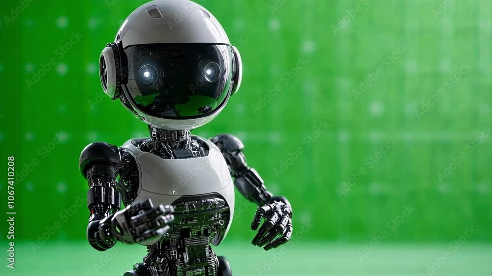 Poster white robot with glowing eyes is gesturing with its hands against a green screen background, providi
