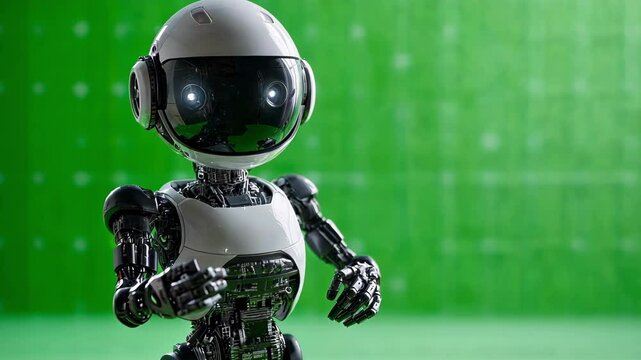 White robot with glowing eyes is gesturing with its hands against a green screen background, providing space for visual effects and creative compositions