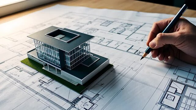  Architect Drawing on Blueprint with Modern Building Model
