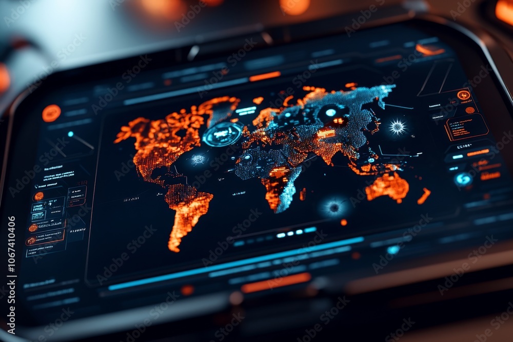Poster Screen displaying a digital map with active threat tracking, illustrating cyber intelligence operations in action