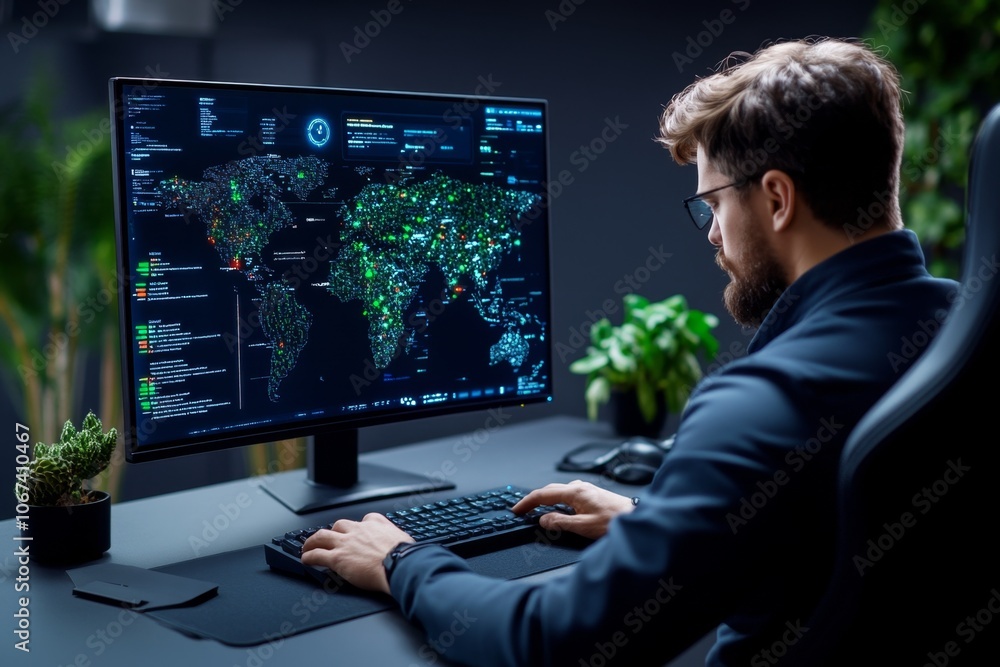 Poster Screen displaying a digital map with active threat tracking, illustrating cyber intelligence operations in action