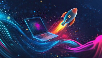 Rocket-Powered Laptop Soaring Through Colorful Abstract Waves. AI generated illustration