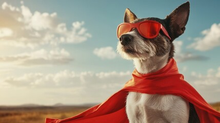 Superhero dog wearing cape for empowering pet accessory ad.