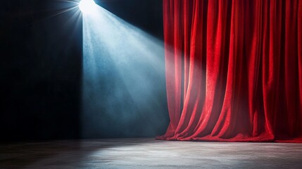 Dramatic theater poster spotlight red velvet curtains classic stage performance advertising.