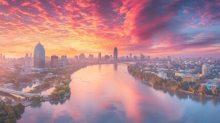 Fototapeta premium A vibrant sunset over a city skyline reflecting on a river.