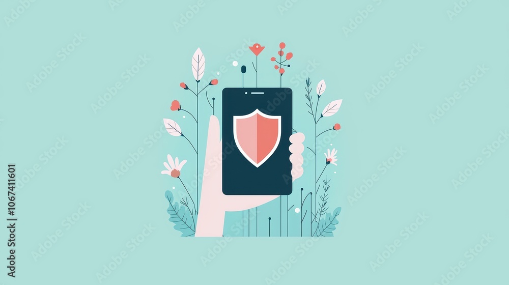 Poster a hand holding a smartphone with a shield icon protecting data displayed on the screen, symbolizing 
