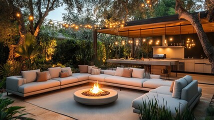 Upscale Outdoor Living Area with Seating and Fire Pit at Dusk. AI generated illustration
