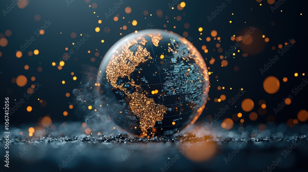 Poster a globe with interconnected nodes and data streams, representing the global network of information a