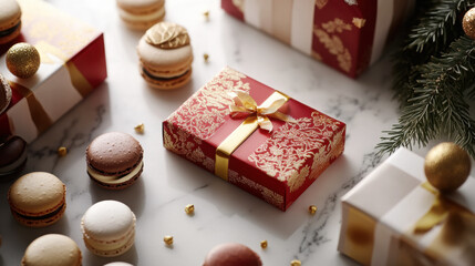 Festive macarons in elegant holiday packaging on marble surface