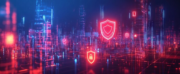 Fototapeta premium Holographic Icons Representing Digital Security Above Abstract Cityscape. AI generated illustration