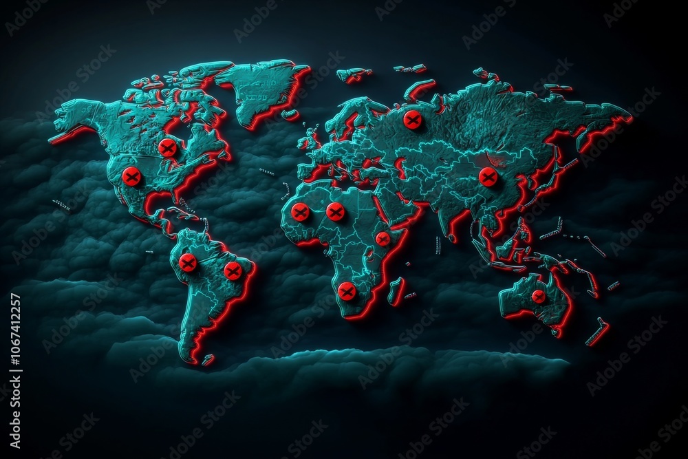 Poster watercolor of a digital world map with soft colors and red threat icons, blending technology with ar
