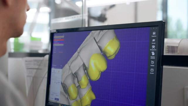 close up professional laboratory for production of dental protozoa veneers and crowns in a scanning machine dental impression to create a 3D model 360 degree rotation professional supervision