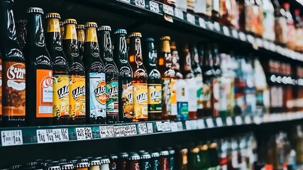 A row of glass bottles of various colorful sodas sit on a grocery store shelf
