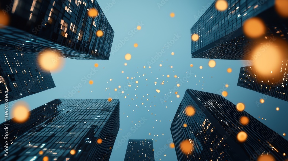 Poster a futuristic cityscape with data streams flowing through buildings and streets, representing the int