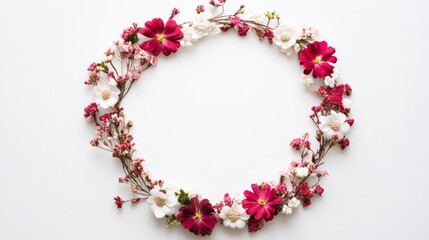 Obraz premium A delicate floral wreath made of white and pink flowers forms a perfect circle on a white background, symbolizing beauty, love, nature, and new beginnings.