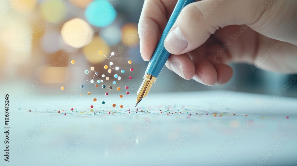Poster a close up shot of a hand holding a pen, pointing to a specific data point on a complex graph printe
