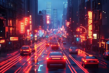 Obraz premium the evening cityscape illuminated with red and blue lines representing artificial intelligences control over traffic and pedestrians a futuristic blend of technology and urban life