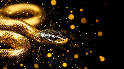 Luxurious gold king snake with cosmic themed sparkles in background