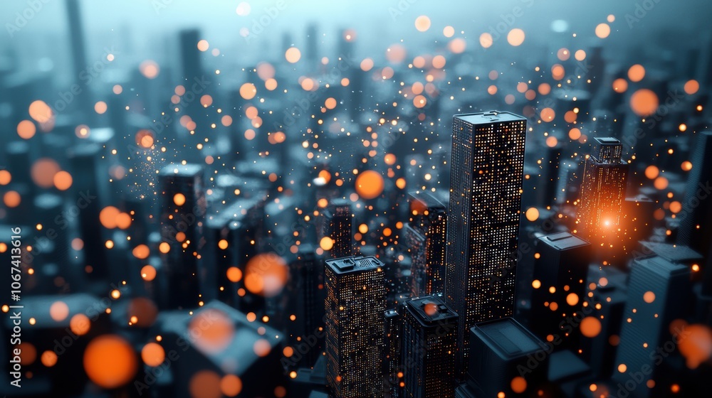 Poster a futuristic cityscape with data streams and network connections superimposed, representing the role