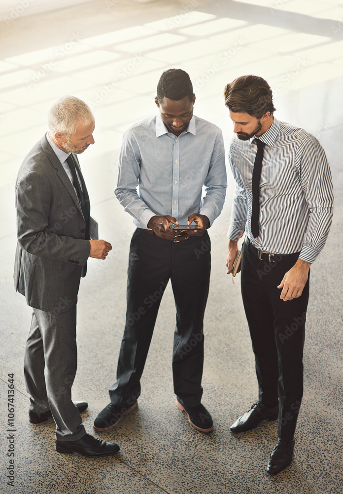 Poster above, business people and group with tablet, teamwork and connection with website information. empl