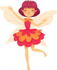 Naklejka premium Beautiful fairy with red hair and pointy ears is flying happily wearing a red and orange dress that looks like petals, with light colored wings