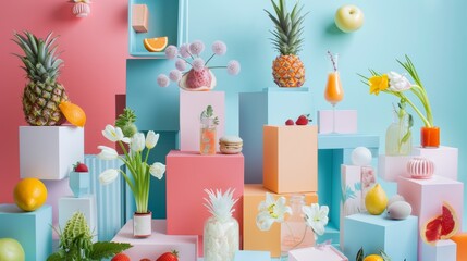Playful pastel arrangement of fruits, flowers, and geometric shapes