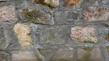 Textured Stone Wall With Moss and Varied Colors in a Rustic Setting