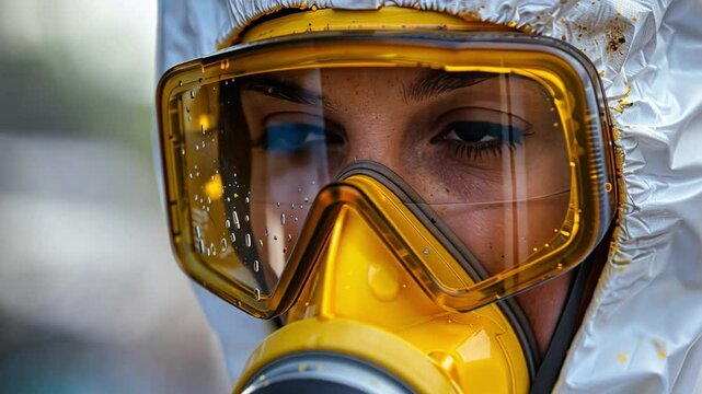 This individual is geared up with protective equipment, focusing intently on their task.