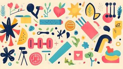 Colorful Abstract Pattern with Fitness and Wellness Icons