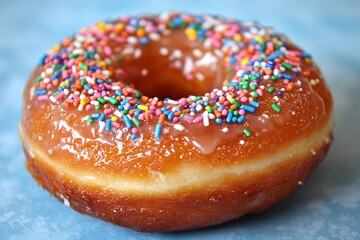 Close-Up of a Glazed Donut with Colorful Sprinkles