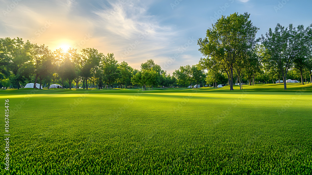 Poster background texture of clean and wellmaintained grass lawn with a variety of trees in the background 