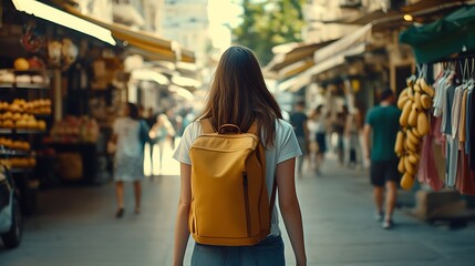 Obraz premium Back View of Woman with Yellow Backpack Strolling Through Vibrant City Market : Generative AI