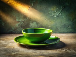 A cool green ceramic set rests on a weathered concrete surface, bathed in moonlight.