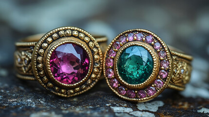 Two ornate rings featuring colorful gemstones&mdash;one pink, one green&mdash;set in detailed gold bands, exuding elegance and vintage charm.