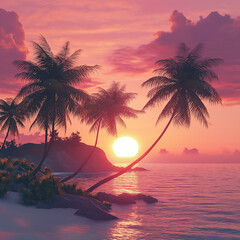 Beautiful sunset scenery illustration background. The setting sun casts a pink glow on the beach and palm trees. The waves are gently lapping at the shore, and the sand is soft and white.