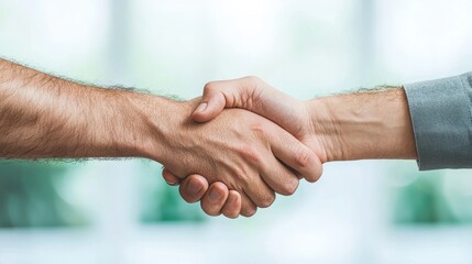 Two businesspeople shaking hands after a successful meeting, with genuine smiles and a sense of mutual respect and accomplishment.