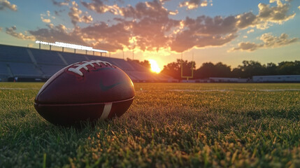 A football is laying on the grass in front of a sunset