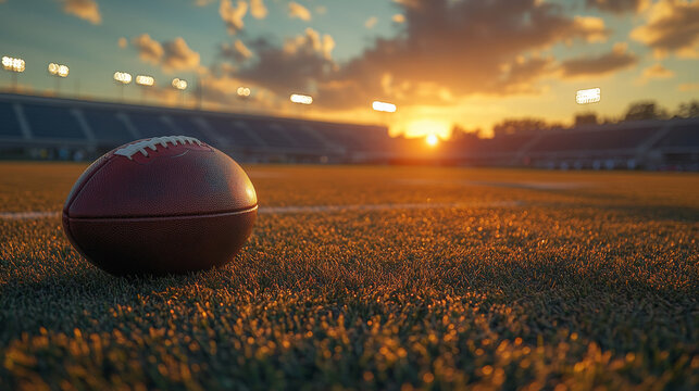 A football is laying on the grass in a stadium