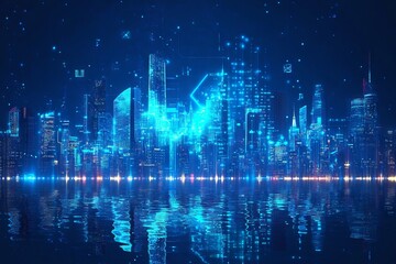 Fototapeta premium Futuristic city skyline illuminated at night, showcasing sound waves and data visualizations in a blue color theme. AI generated illustration