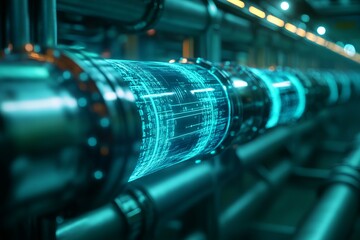 Futuristic Digital Hologram of Industrial Water Pipe System. AI generated illustration