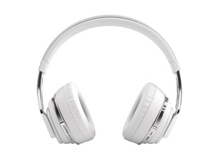 a white headphones with silver metal accents