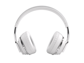 a white headphones with silver metal accents