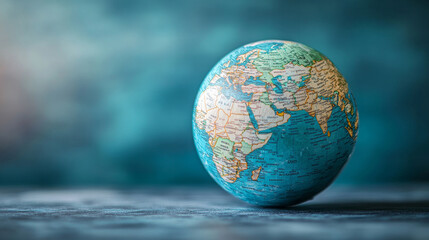A 3D globe of the Earth resting on a blue surface, symbolizing global connections, exploration, travel, and the interconnectedness of our world.