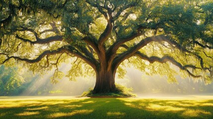 Majestic oak tree with sunlight streaming through branches in a green meadow.