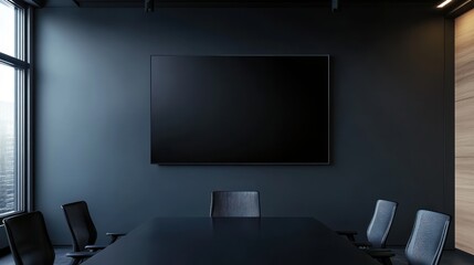 A modern conference room featuring a large screen and a dark aesthetic.
