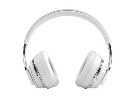 a white headphones with silver metal accents