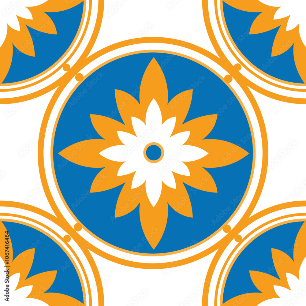Poster seamless pattern featuring stylized orange and blue flowers within circles, creating a vibrant and d